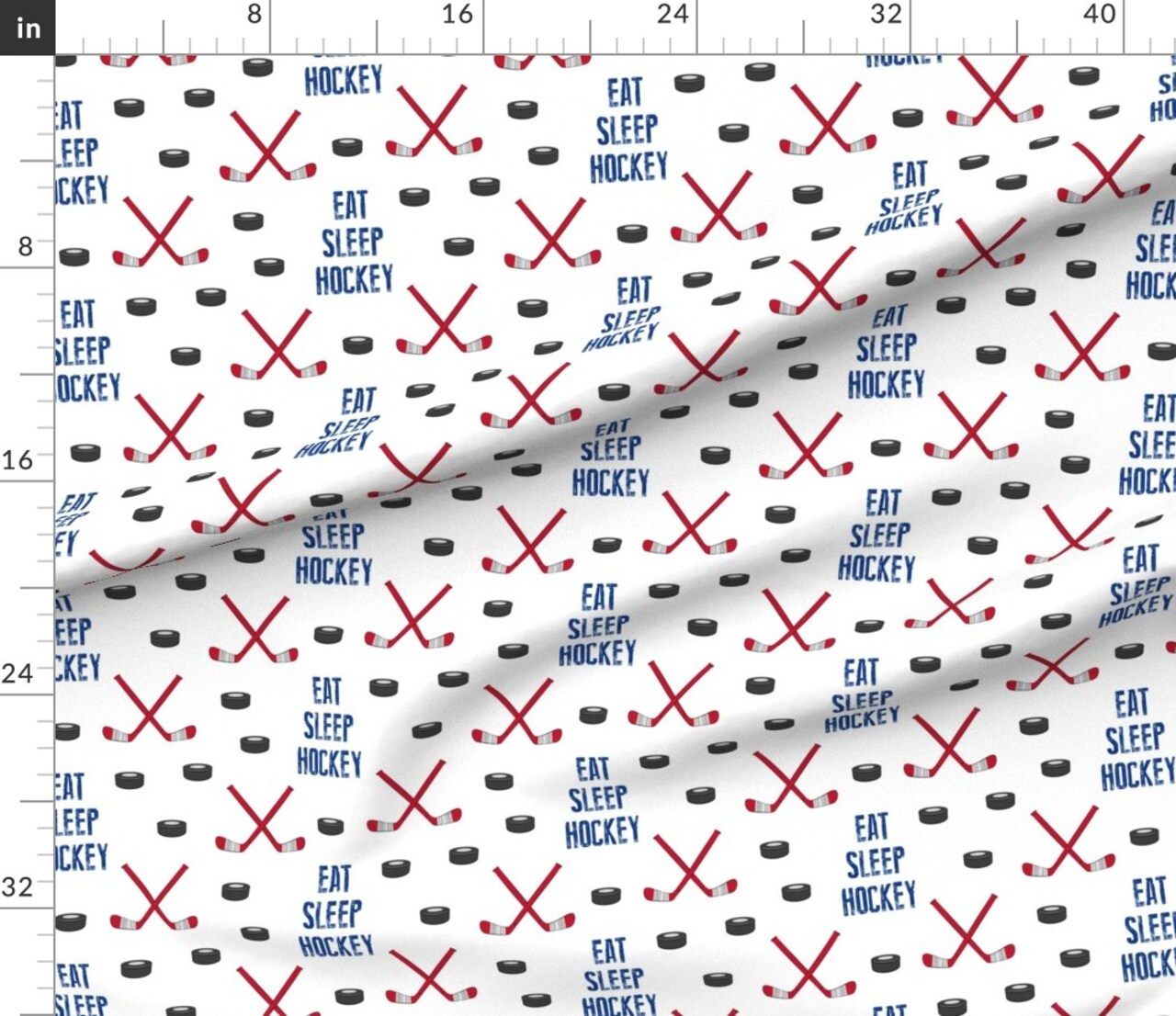 Hockey, Large Scale, Eat, Sleep, Red, Blue, Nursery, Sports, Ice, Rink, Pucks Custom Printed Fabric by Spoonflower Various Fabrics by the Yard or Fat Quarter